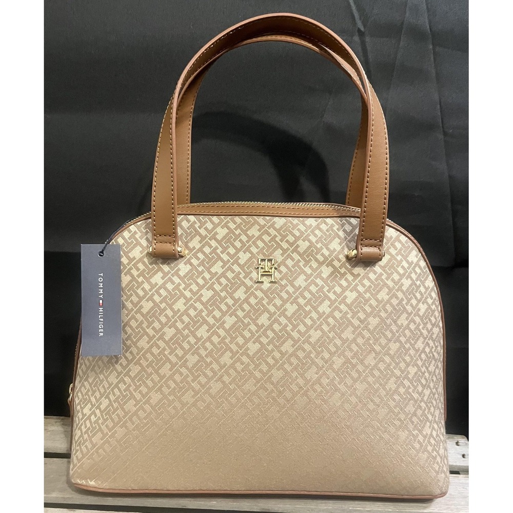 Tommyβ Hilfiger Monogram Dome Satchel Crossbody Tan Brown Purse NWT